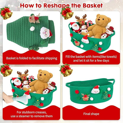 ShellKingdom Storage Basket with Handles, Empty Gift Basket with Gift Bags and Ribbon for Christmas, Small Woven Baskets for Home, Nursery Storage Organizer, 12 X 8 X 5 INCH, Christmas Green