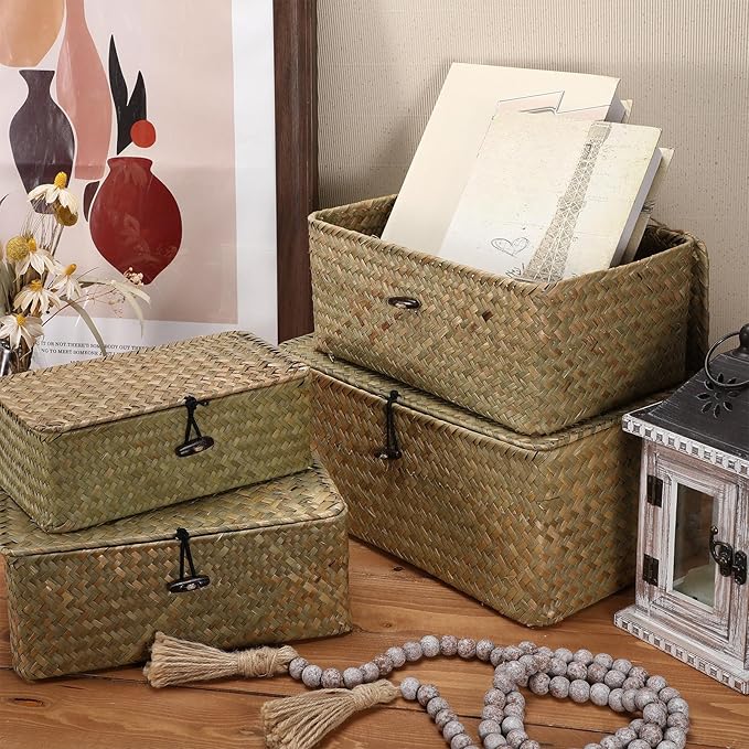 Woanger Set of 4 Wicker Baskets with Lids, Nautral Seagrass Storage Baskets, Woven Rectangular Basket Bins, Rattan Storage Organizer for Shelf Closet Bedroom(Natural Color)