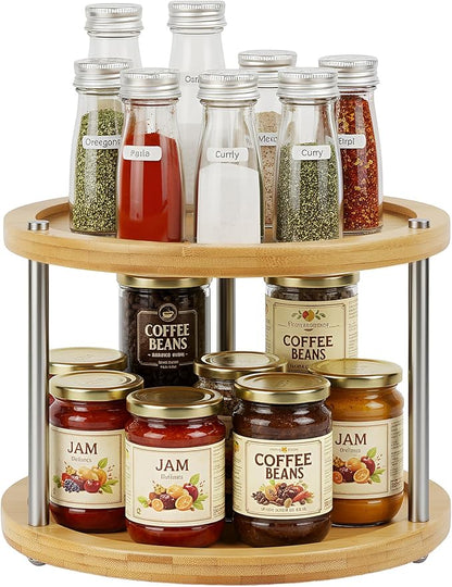 2 Tier Lazy Susan Organizer,Revolving Spice Rack,10 inch Wood Lazy Susan Turntable for Cabinet, Shelf, Countertop, or Table