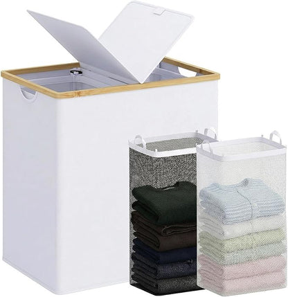efluky Laundry Hamper with Lid, Double Laundry Basket with 2 Removable Bags, 2 Section Laundry Bin with Bamboo Handles for Bathroom, Bedroom & Laundry Room, 140L (36.9 Gallon) White