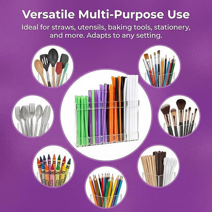 9.6” Large Clear Acrylic Straw Holder, Cabinet Door Straw Organizer with Strong Adhesive Mount, Reusable Tumbler Straw Storage
