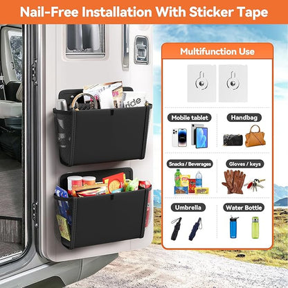 Wall Hanging Storage Organizer, Wall Pocket Hanging Bag with Large Pockets & Sticky Adhesive Tape Wall Mounted Storage Door organizer for RV Camper Kitchen Office Black