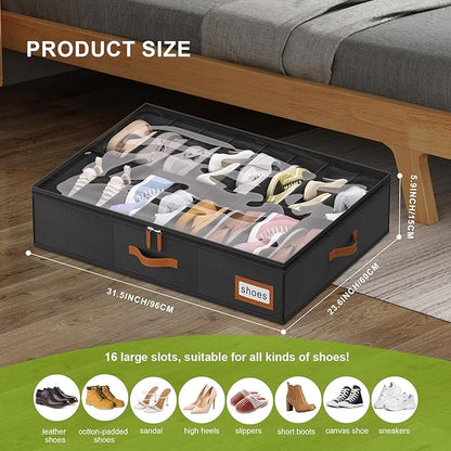 homyfort Shoe Organizer Under Bed, Fits 32 Pairs, Under bed Shoe Storage Boxes with Study Handles and Clear Cover, zapateras organizer for shoes, set of 2