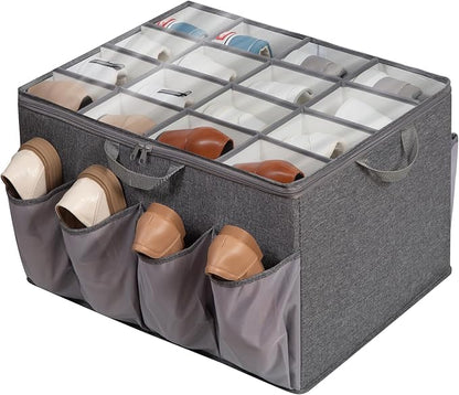 Shoe Organizer for Closet, Fits up to 24 Pairs, Fabric Shoe Box Storage Containers with Adjustable Dividers and Clear Cover, Grey, 1 Pack