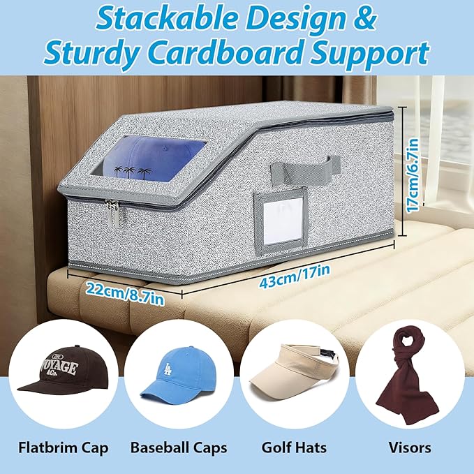 Hat Storage for Baseball Caps,2 PCS Stackable Hat Storage Boxes holds up to 24 Caps Hat Organizer for Closet, Sturdy Snapback Hat Boxes for Women&Men with Clear Window for Closet, Grey