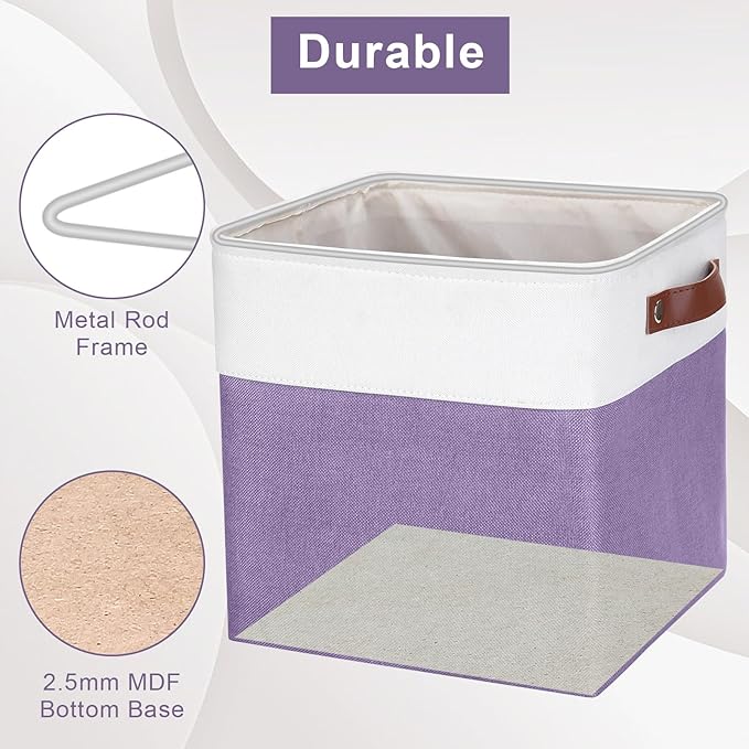 Bagnizer Collapsible Fabric Storage Cubes 11x11 Cube Storage Bins, 4 Pack Closet Baskets Box with Handles for Organizing, Shelf, Toys, Clothes, Home, Office, Nursery (Purple&White)