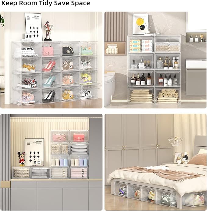 8 Pack Drop Side Shoe Box, XL Entryway Shoe Storage Box, Clear Shoe Storage Boxes Stackable Suitable for Sneakers, Casual Shoes(Clear)