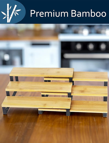 RoyalHouse Bamboo and Metal Expandable Spice Rack Organizer, Cabinet Shelf Organizers, 3-Tier Adjustable Kitchen Cabinet, Countertop Display Shelf, Space Organizer for Kitchen and Bathroom