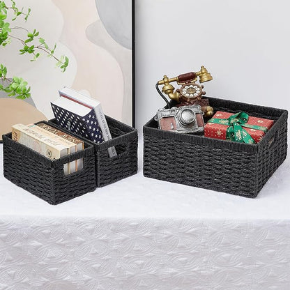 Vagusicc Wicker Storage Basket, Set of 3 Wicker Basket, Hand-Woven Paper Rope Storage Baskets for Organizing, Large Cube Storage Organizer Bins Baskets for Shelves Small Toilet Paper Baskets, Black