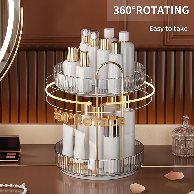 YCIA&DONE 360 Rotating Makeup Organizer and Storage for Vanity Bathroom Countertop, High Capacity Cosmetic Skincare Perfume Organizers for Dresser Lazy Susan (Clear White,2 Tiers)