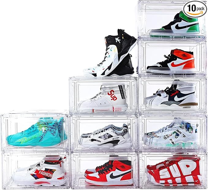 10 Pack Large Shoe Boxes Clear Stackable, Space Saving Acrylic Shoe Boxes Shoe Organizers Foldable Shoe Container Boxes that Fits Up to Size 14 Shoes