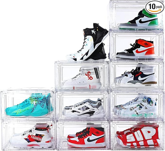 10 Pack Large Shoe Boxes Clear Stackable, Space Saving Acrylic Shoe Boxes Shoe Organizers Foldable Shoe Container Boxes that Fits Up to Size 14 Shoes
