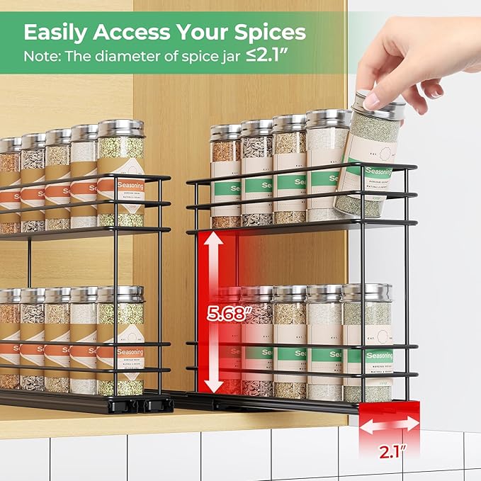 Mystozer Pull Out Spice Rack Organizer for Cabinet, Slide Out Spice Racks, Easy to Install Spice Cabinet Organizers, 5.2" Wx10.43 Dx8.26 H, 2 Packs 2 Tiers(Black)