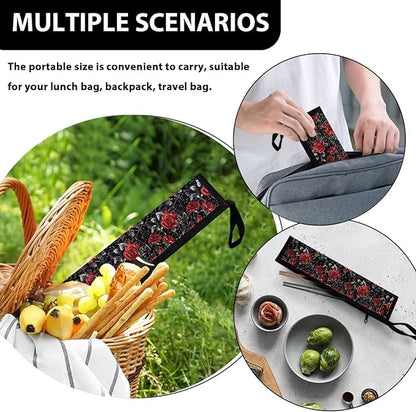 COEQINE Vintage Rose Flower Halloween Utensil Case Holder Lightweight Gothic Style Lightweight Portable Kitchen Utensil Case With Zipper Foldable