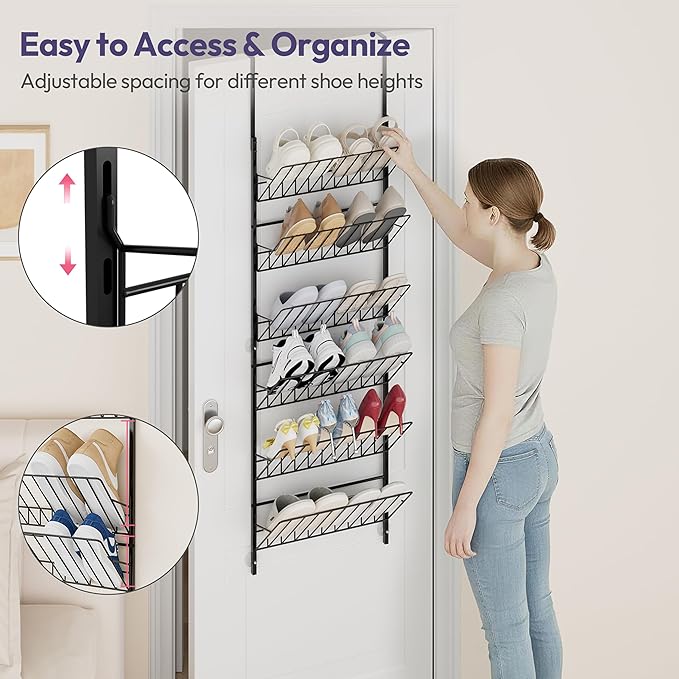 SWTYMIKI Over The Door Shoe Organizer - Adjustable 6 Tier Hanging Shoe Rack Organizer, Metal Heavy Duty Behind Door Storage or Wall Mount Shoes Shelf for Flats, Heels, Sneakers, Boots