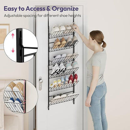SWTYMIKI Over The Door Shoe Organizer - Adjustable 6 Tier Hanging Shoe Rack Organizer, Metal Heavy Duty Behind Door Storage or Wall Mount Shoes Shelf for Flats, Heels, Sneakers, Boots