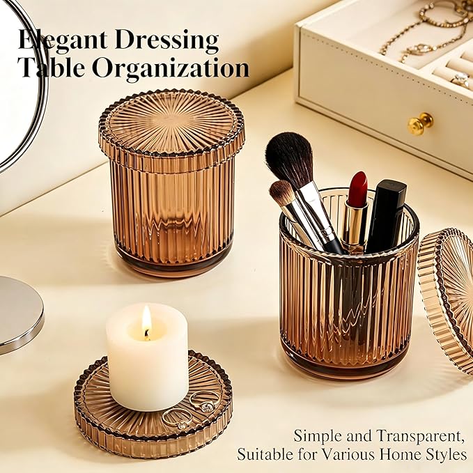 2 Pack Glass Qtip Holder Dispenser Set - Bathroom Organizer for Cotton Swabs, Balls, Pads, Floss Picks - Clear Apothecary Jars for Vanity, Makeup Storage, Bathroom Accessories Decor (Brown)