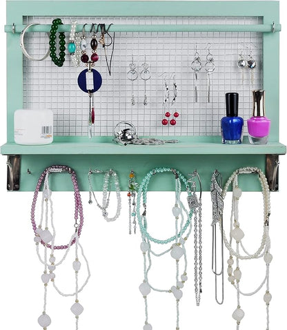 Jewelry Organizer, Wall Mount Jewelry Holder Rack with Hooks Shelf and Removable Rod Hanging Display Earrings Necklaces Bracelets Rings Storage Accessories Wood in Shabby Chic Turquoise