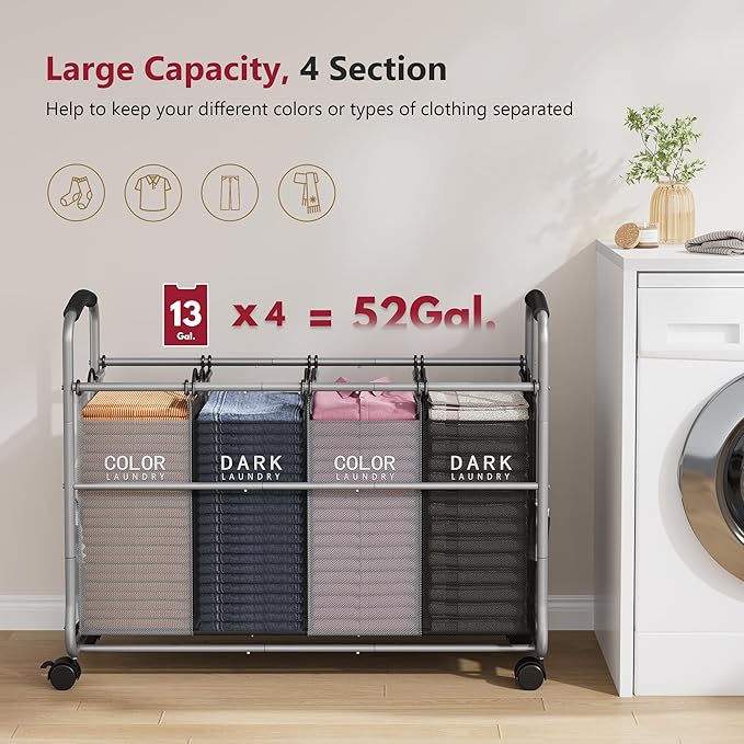 Tajsoon Laundry Sorter 4 Sections, Laundry Separator Hamper with Heavy Duty Lockable Rolling Wheels, Laundry Divider with Removable Bags for Dirty Clothes Storage, Black & Grey