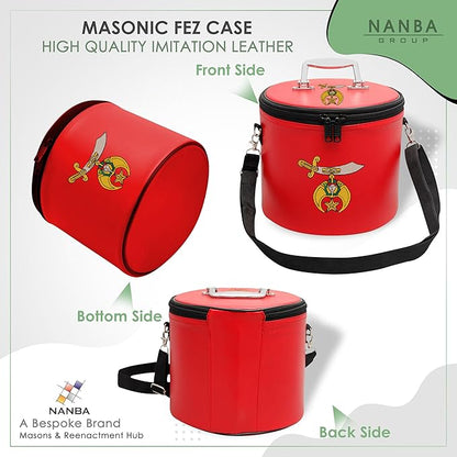 Machine Embroidered Shriner Fez Case – Deluxe Masonic Fez Cap Storage Box with Strap, Imitation Leather Gifts, Display Box for Masonic Fez Hats (Red)