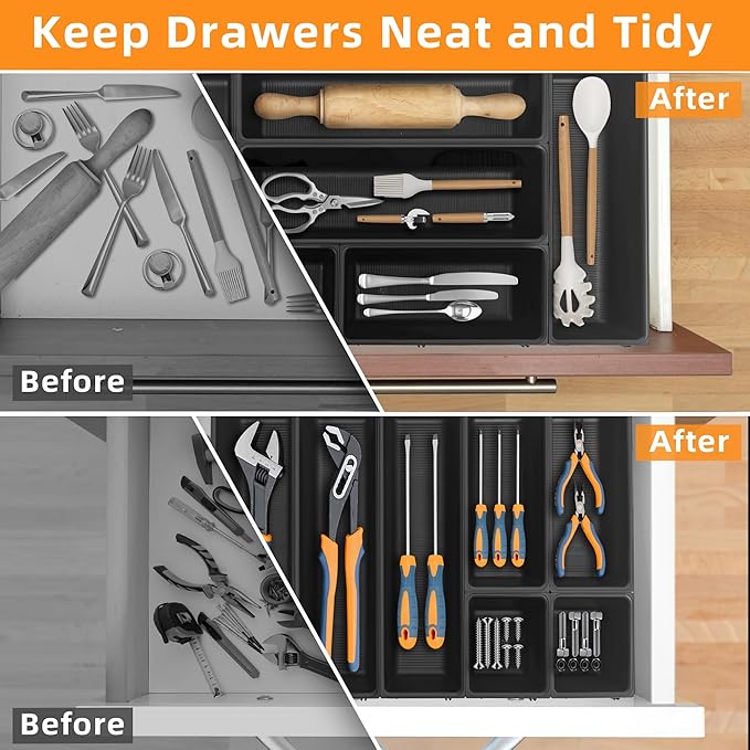 JEHONN Silverware Organizer, Utensil Drawer Tray for Kitchen Flatware Cutlery, Large Adjustable Plastic Storage Divider with 7 Compartment for Spoons Forks Knives (Black)