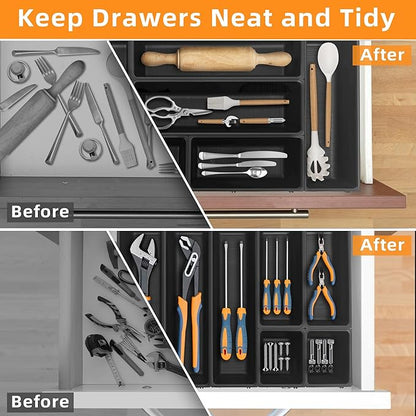 JEHONN Silverware Organizer, Utensil Drawer Tray for Kitchen Flatware Cutlery, Large Adjustable Plastic Storage Divider with 7 Compartment for Spoons Forks Knives (Black)