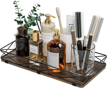 Lixple Toilet Paper Basket Holder, 13" Toilet Tank Tray, Wood and Metal Toilet Tray Vanity Organizer Bathroom Tray, Kitchen Sink Organizer for Soap Dispenser (Brown+Black)