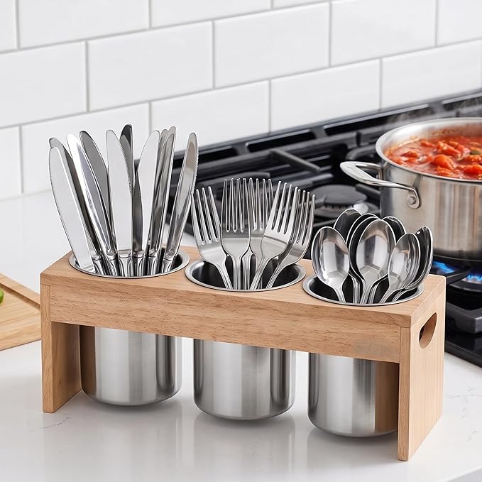 Flatware Caddy Stainless Steel Cutlery Holder with Wood Base, Containers for Kitchen Use