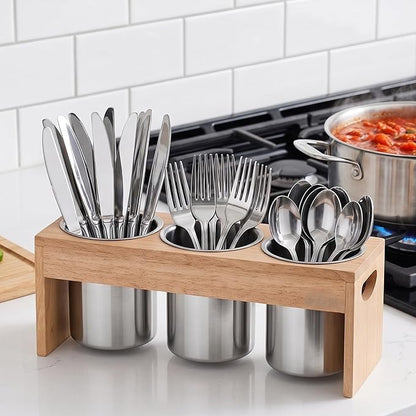 Flatware Caddy Stainless Steel Cutlery Holder with Wood Base, Containers for Kitchen Use