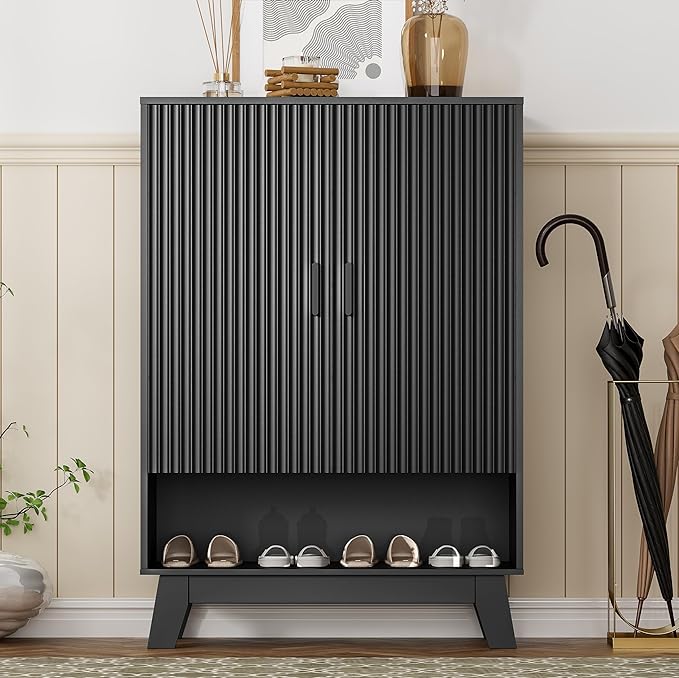 Shoe Cabinet Storage for Entryway, 5 Tier Fluted Shoe Storage Cabinet with Wooden Legs, Narrow Hidden Shoe Organizer with Adjustable Shelves, Freestanding Shoe Rack for Entryway, Hallway, Black