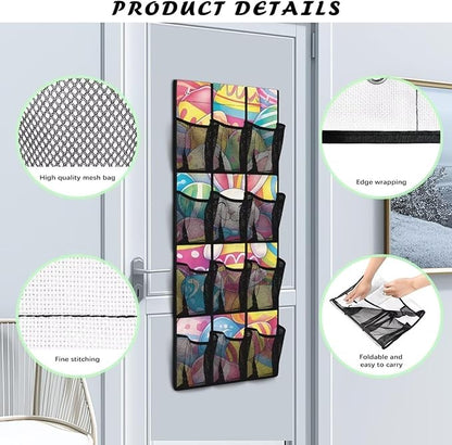 Large Capacity 12-Pocket Behind The Door Hanging Organizer, Oxford Fabric Waterproof Foldable Storage Bag for Bathroom Bedroom Pantry, Easter Bunny Eggs