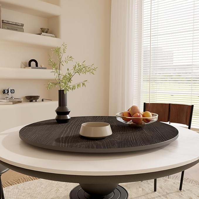 23.6" Sintered Stone Lazy Susan for Table Top- Extra Large Round Lazy Susan Organizer - Kitchen Revolution for Countertop(Black Wood Grain)