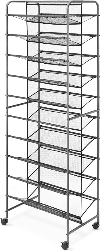Whitmor 10 Tier Double-Sided Shoe Cart with Lockable Wheels, Gunmetal Rolling Shoe Organizer with Patented Mesh Back, Freestanding Storage for Garage, Bedroom, or Closet, 17" W×24.6" L×63.78" H