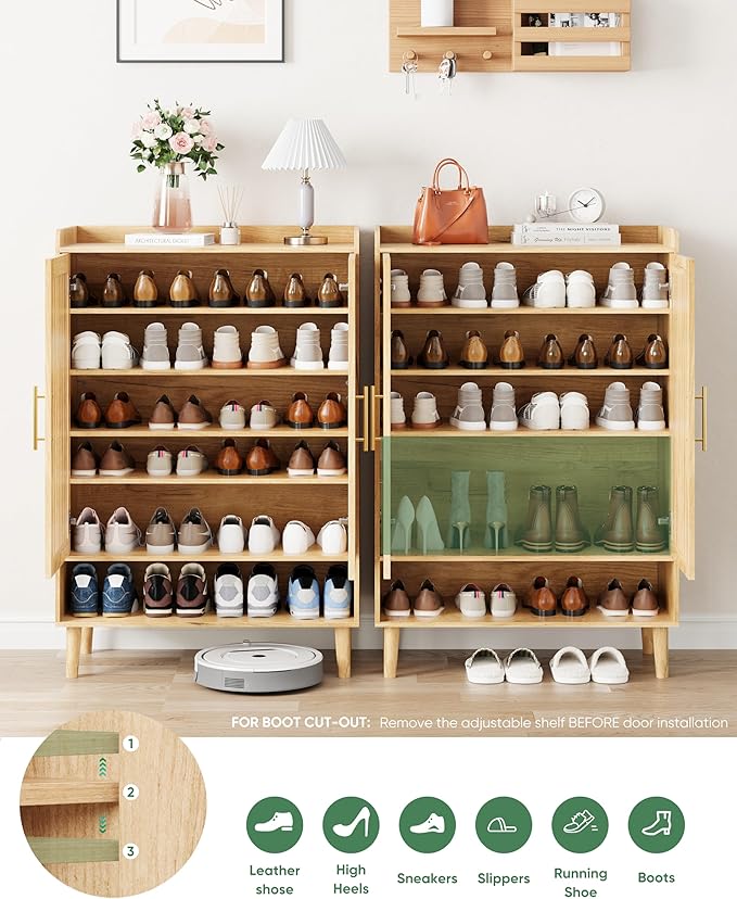 Shoe Cabinet, Large 6-Tier Shoe Storage Cabinet with Louvered 2 Doors, 44" Tall Freestanding Entryway Shoe Cabinet with Adjustable Shelves, Modern Shoe Organizer Cabinet, Shoe Rack Cabinet (Oak)
