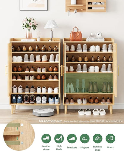 Shoe Cabinet, Large 6-Tier Shoe Storage Cabinet with Louvered 2 Doors, 44" Tall Freestanding Entryway Shoe Cabinet with Adjustable Shelves, Modern Shoe Organizer Cabinet, Shoe Rack Cabinet (Oak)