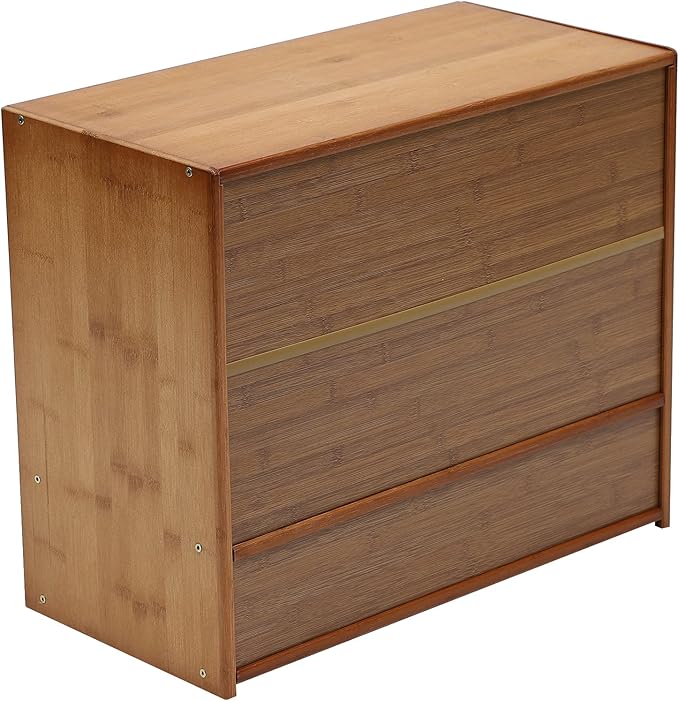 OUKANING 3 Tiers Small Bamboo Kitchen Pantry Sideboard with 2 Sliding Striped Glass Doors, Freestanding Kitchen Pantry Cabinet for Bottle, Dish, Bowl Console Dining Cupboard, Tea-Colored