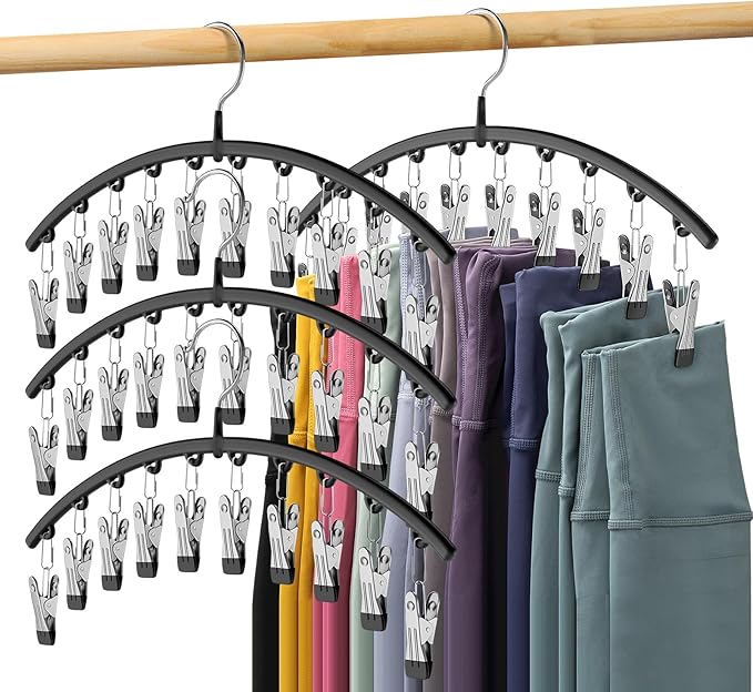Legging Organizer for Closet, Metal Yoga Pants Hangers 4 Pack w/10 Clips Holds 40 Leggings, Space Saving Hanging Closet Organizer w/Rubber Coated Closet Organizers and Storage, Black