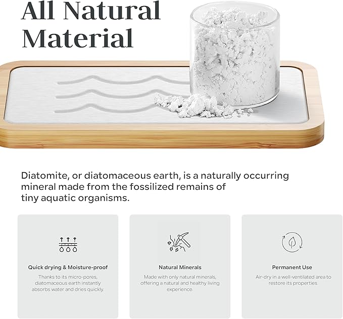 Water Absorbing Stone Tray for Sink, Kitchen Sink Caddy Organizer, Diatomite Bathroom Vanity Counter Tray, Soap Dispenser Sponge Holder, Fast Drying Stone Faucet Mat with Bamboo Tray