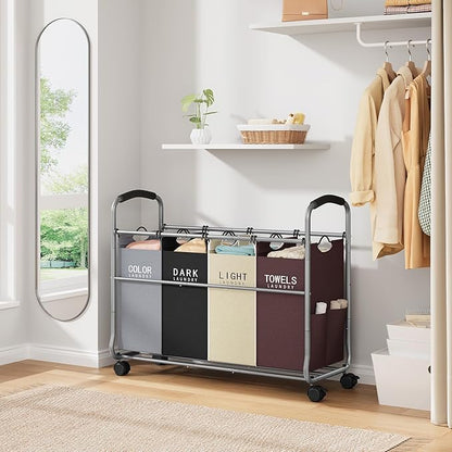 Tajsoon Laundry Sorter 4 Sections, Laundry Separator Hamper with Heavy Duty Lockable Rolling Wheels, Laundry Divider with Removable Bags for Dirty Clothes Storage, 4 Colors