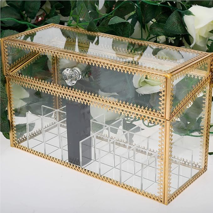 HighFree 24 Slots Glass Lipstick Organizer - Gold Vintage Transparent Display Box With Lid & Removable Dividers for Lip Gloss