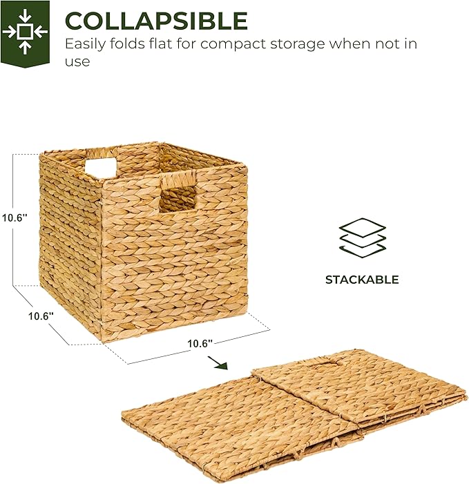 11x11in Pack of 4 Cube Storage Baskets, Water Hyacinth Multipurpose Collapsible Organizers, Handwoven Laundry Totes for Laundry, Living Room, Kids Room & Nursery - Natural