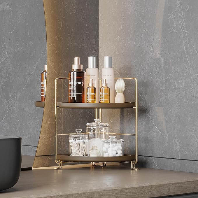 FSyueyun 2-Tier Corner Bathroom Counter Organizer, Tool-Less Installation Corner Vanity Organizer Small Plastics Countertop Makeup Tray Skincare Perfume Organizers (Gold & Brown)