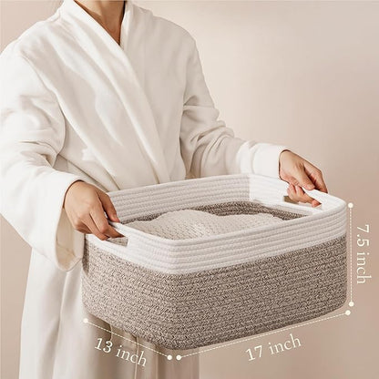 UBBCARE 2 Pack Storage Baskets for Shelves, Large Woven Storage Baskets, Dog Toy Bins, Baskets for Organizing Clothes, Towels, Books, Blanket, 17"L x 13"W x 7.5"H, White&Brown