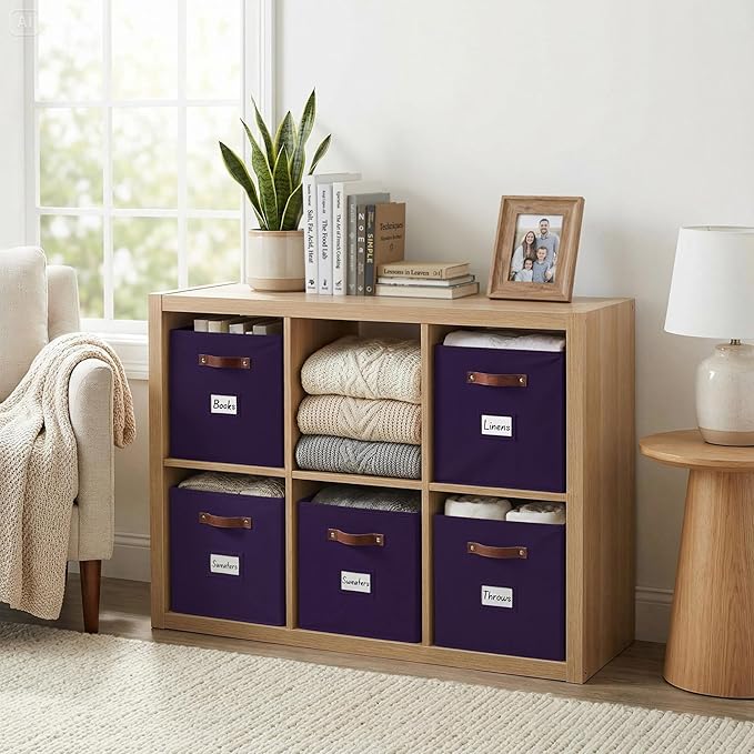 DECOMOMO Storage Bins, Cube Storage Bin with Labels, Fabric Storage Cubes for Shelves (10.5" x 11" / 6pcs, Deep Violet)
