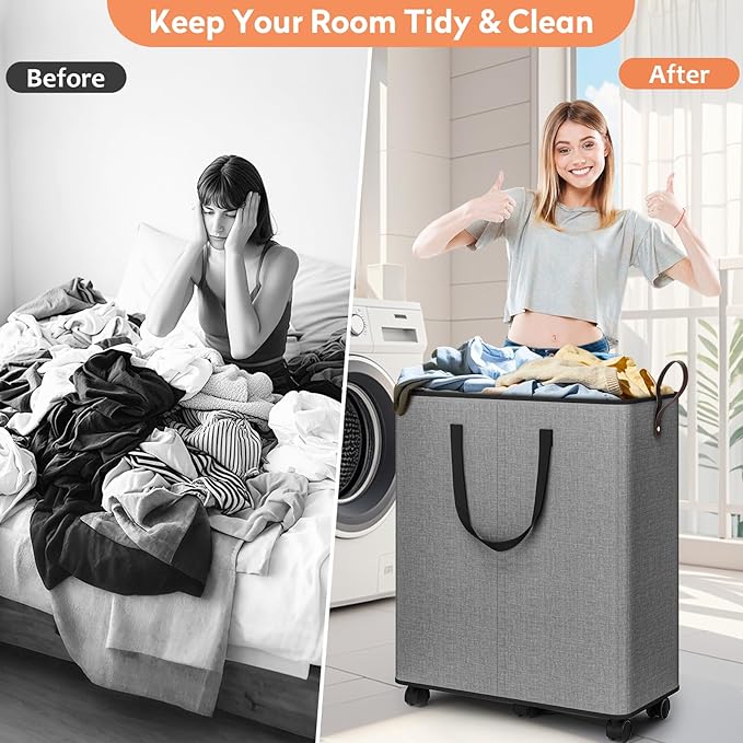 SpaceTrove Laundry Basket with Wheels, Collapsible Laundry Baskets, Laundry Hamper with Handles Detachable Wheels, Rolling Laundry Basket, Dirty Clothes Hamper for Bathroom, Dorm, Bedroom, Grey, 155L