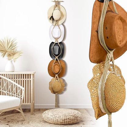 Yulejo Macrame Hat Hangers Racks Boho Cowboy Hats Holders Western Display Organizer Storage decor Back of Door for Wall(Beige,Five Hats Style)