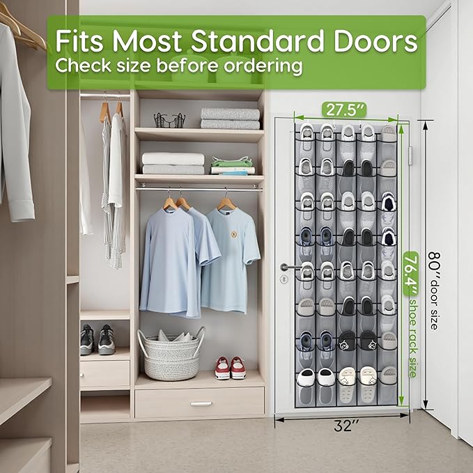 Over the Door Shoe Organizer with 40 Large Breathable Mesh Pockets, Space Saving Shoe Holder, Hanging Shoe Rack for Entryway Bedroom Closet Storage (Grey, 80 Pockets)