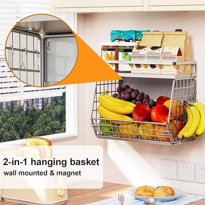 Wire Fruit Basket 2 IN 1 Magnetic & Hanging Wall Produce Basket with Spice Rack for Potato Onion Vegetable Storage for Pantry,Kitchen Countertop and Fridge Organizer