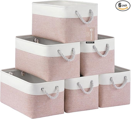 Large Storage Baskets- 15x11x10 inch Storage Bins for Shelves and Closet Organizing, Foldable Fabric Bin for Home Organization Clothes and Laundry (6-Pack, White&Pink)