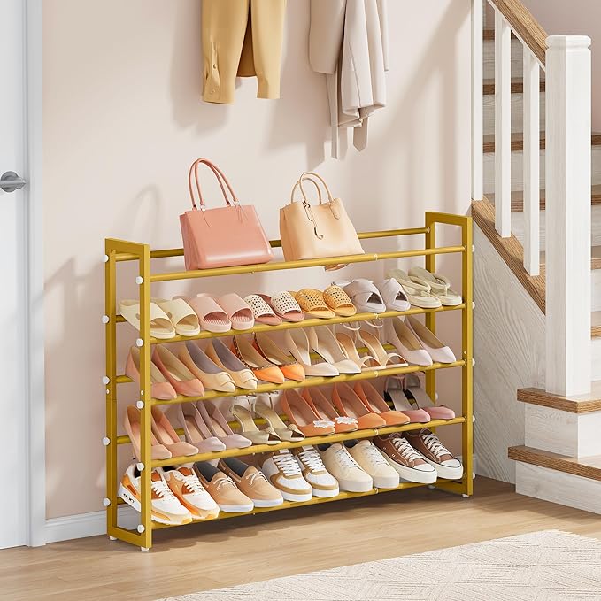 FAVOOSTY 5-Tier Expandable Shoe Rack, Adjustable Shoe Shelf Storage Organizer Space Saving Metal Free Standing Shoe Rack for Entryway Closet Doorway, Silver Grey (Gold, 5 Tier)